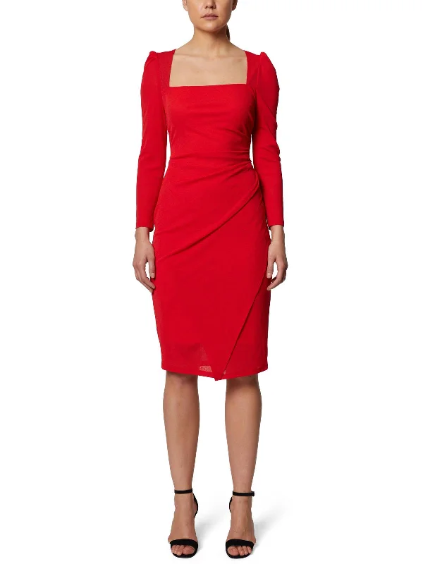 Women's party dress sculpted fit -Womens Faux Wrap Midi Cocktail and Party Dress