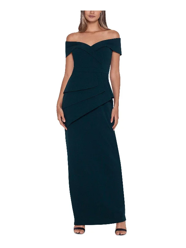 ladies-maxi-dress-puff-sleeve-poise-Womens Peplum Maxi Evening Dress