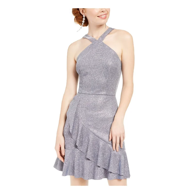 Women's party dress event -BCX Women's Glitter Ruffled Solid Spaghetti Strap Halter Short Fit Flare Party Dress Gray Size 3