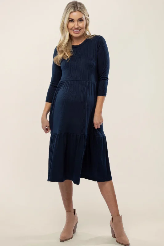 ladies-midi-dress-periwinkle-pride-Navy Tiered Ribbed 3/4 Sleeve Maternity Midi Dress