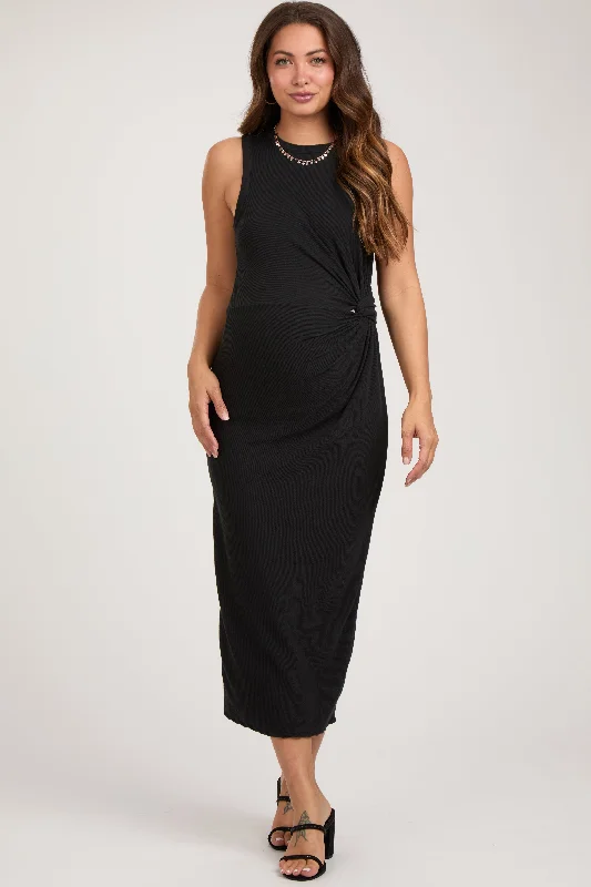 ladies-midi-dress-high-neck-harmony-Black Rib Knit Sleeveless Side Twist Maternity Midi Dress