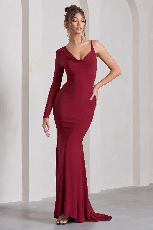 ladies-maxi-dress-wine-whisper-At Dusk | Berry Red One-Sleeved Cowl-Neck Fishtail Maxi Dress