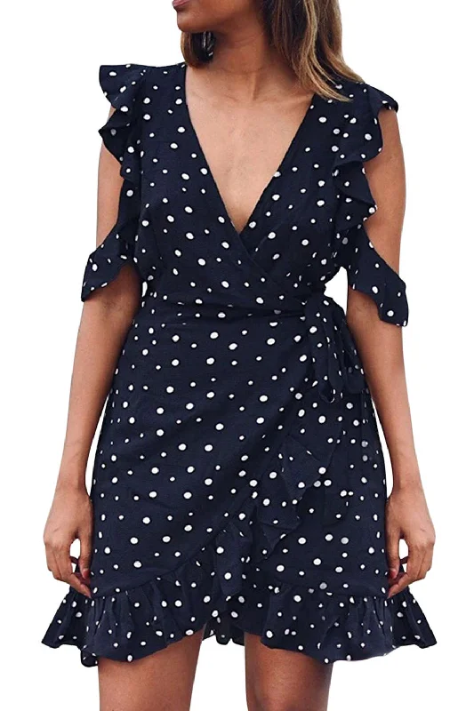 Women's mini dress still chic -Iyasson Women V-neck Ruffle Polka Dots Wrap Mini Dress