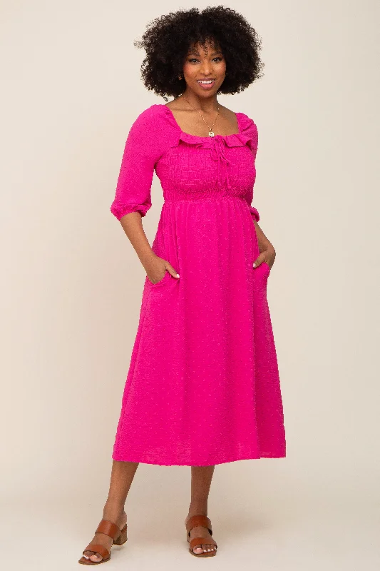 ladies-midi-dress-low-cut-lure-Fuchsia Swiss Dot 3/4 Sleeve Midi Dress