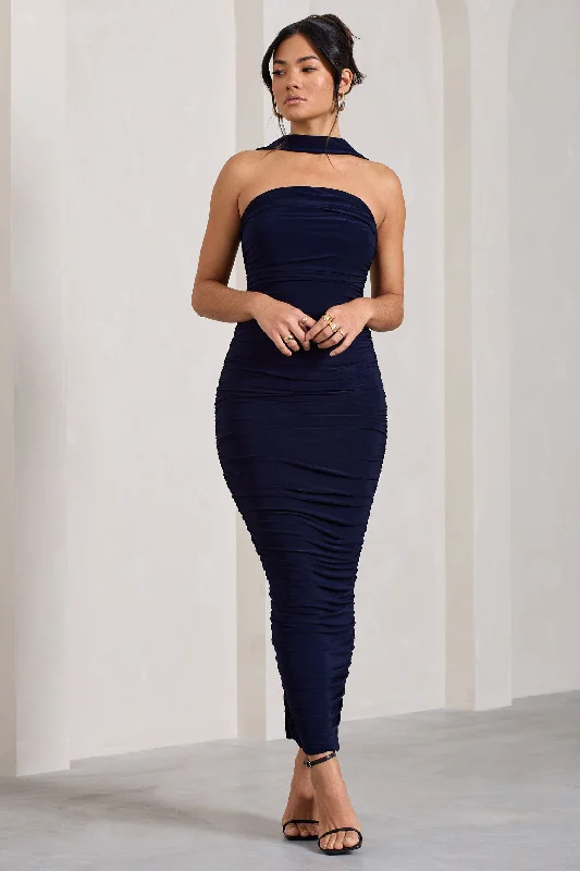 ladies-maxi-dress-lace-luminance-Entranced | Navy Ruched Bandeau Maxi Dress With Halter Collar