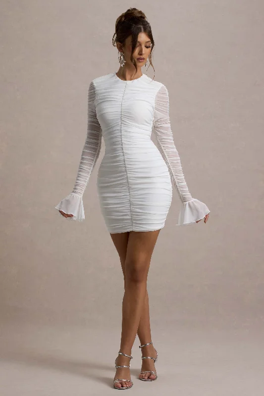 Women's bodycon dress fit chic -Romilly | White Ruched Long-Sleeve Bodycon Mini Dress