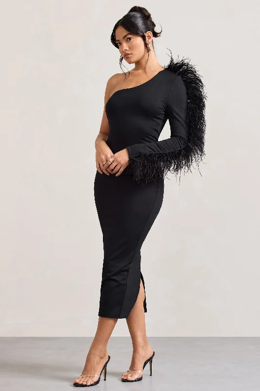 Women's bodycon dress max pop -Wild One | Black One-Shoulder Bodycon Midi Dress With Feather-Trimmed Sleeve