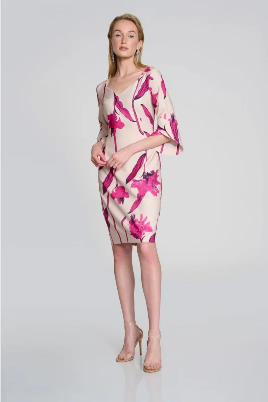 ladies-floral-dress-padded-poise-Joseph Ribkoff Light Sand/Pink Floral Print V-Neck Sheath Dress 242733