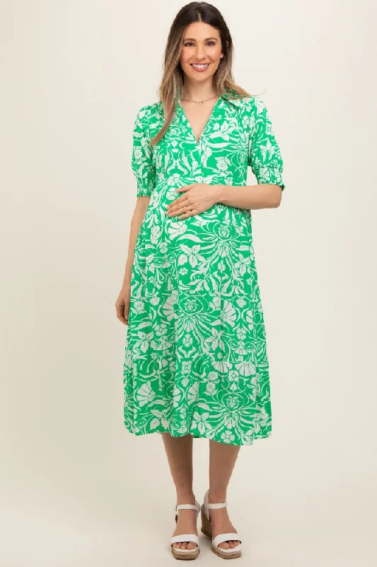 ladies-midi-dress-limited-luxe-Green Floral V-Neck Tiered Maternity Midi Dress