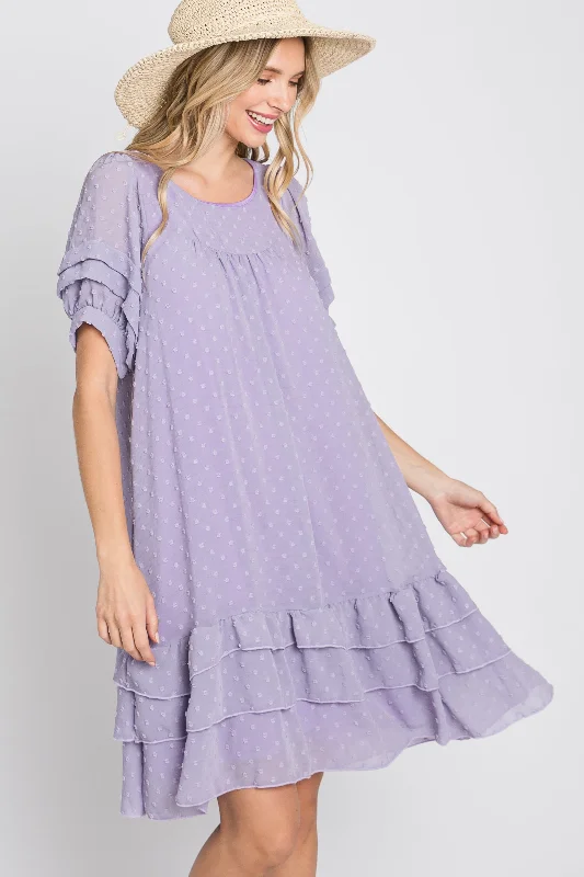 ladies-midi-dress-ochre-opulence-Lavender Chiffon Swiss Dot Ruffle Hem Midi Dress