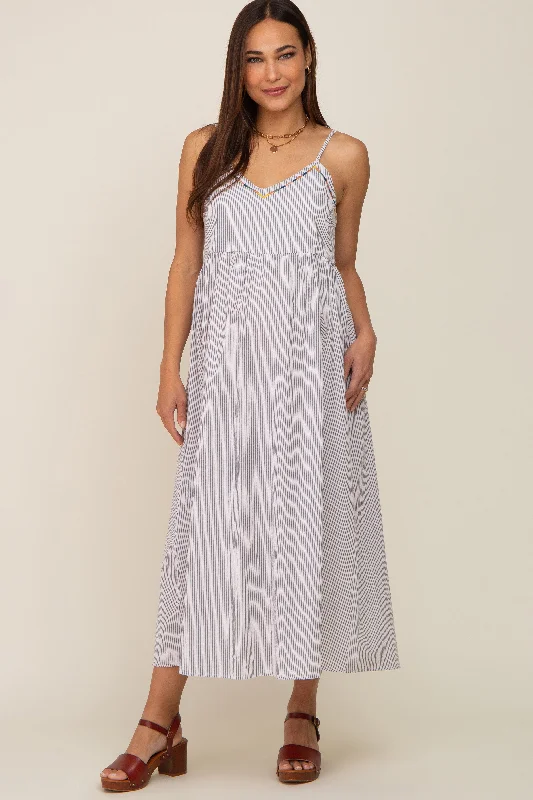 ladies-midi-dress-mono-muse-Light Blue Striped Embroidered Maternity Midi Dress