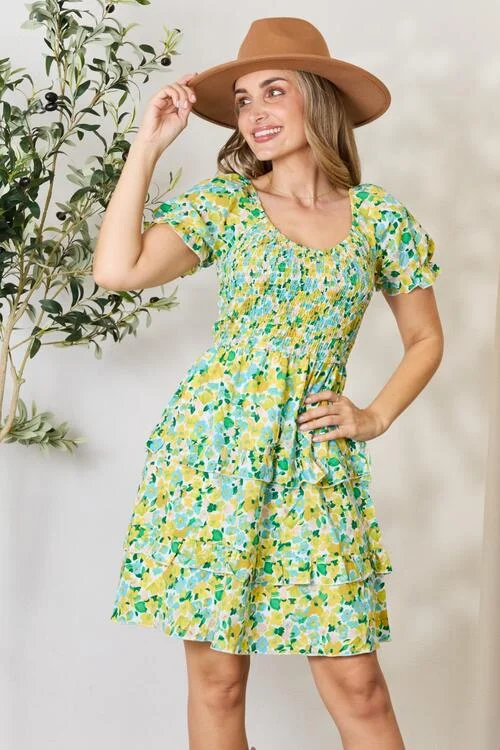 Women's mini dress era glow -Smocked Scoop Neck Flounce Sleeve Mini Dress in Canary Yellow