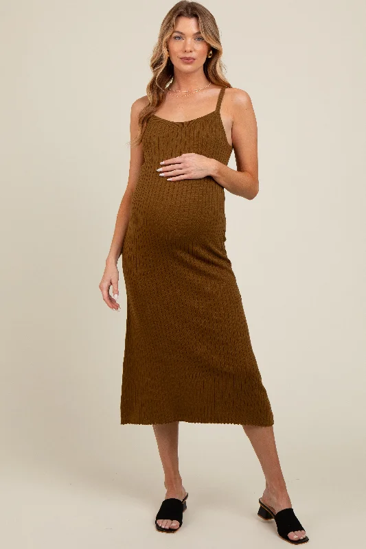 ladies-midi-dress-holiday-hue-Olive Square Neck Ribbed Sleeveless Maternity Midi Dress