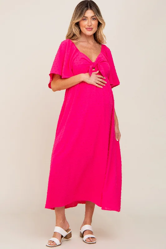 ladies-midi-dress-coral-cool-Fuchsia Textured Dot Front Tie Ruffle Sleeve Maternity Midi Dress