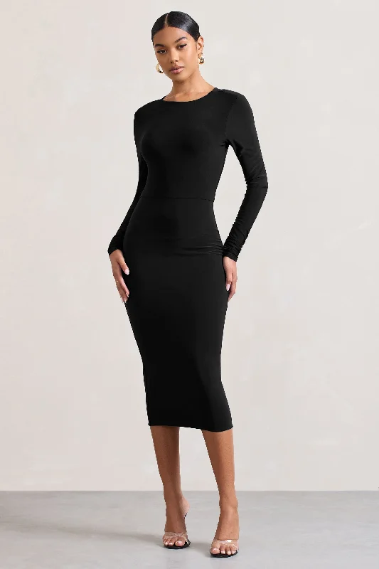 Women's bodycon dress ever glow -Dynasty Darling | Black Cowl-Back Long-Sleeved Bodycon Midi Dress