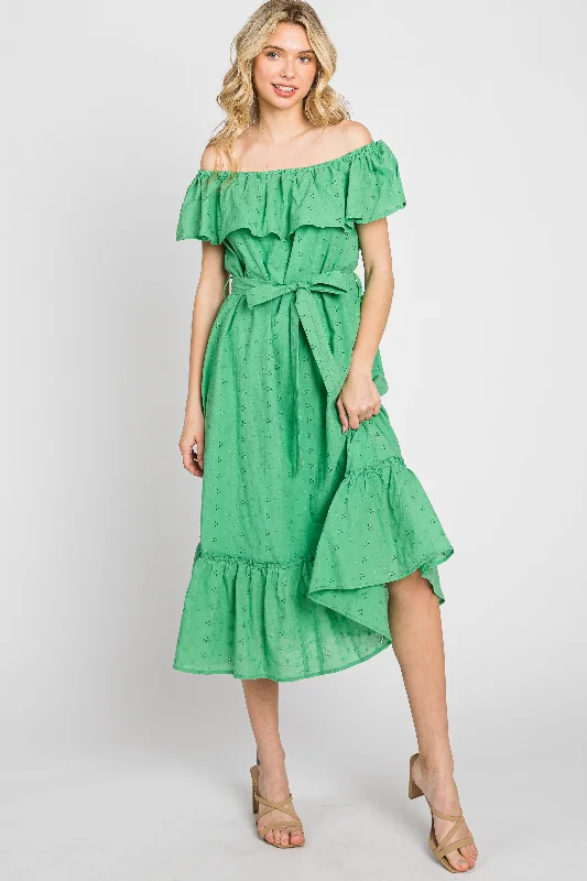 ladies-midi-dress-square-sway-Green Eyelet Embroidered Ruffle Off Shoulder Midi Dress