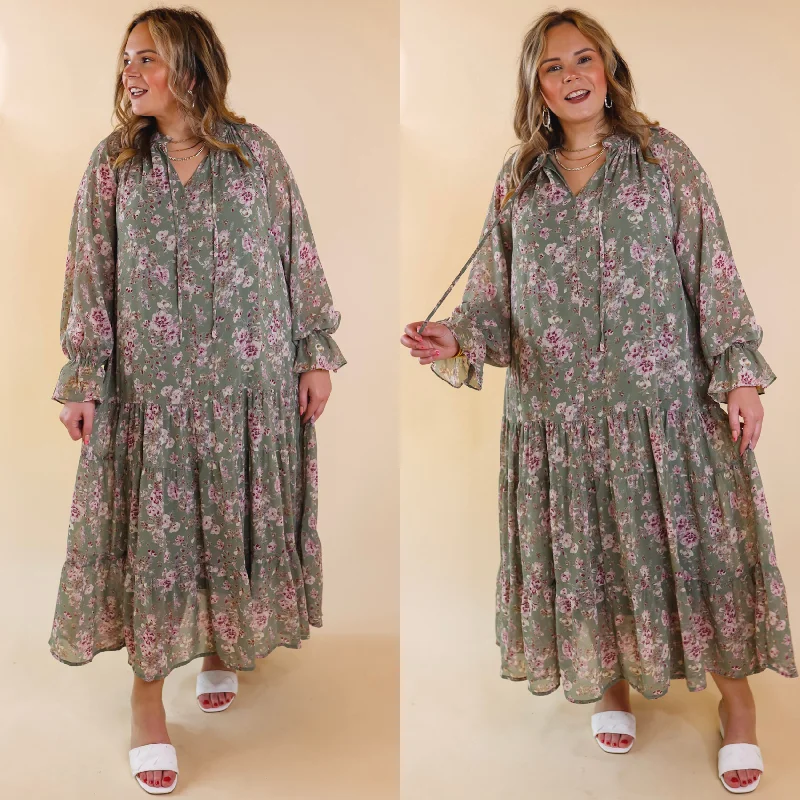 ladies-midi-dress-fitted-flow-Tuscan Nights Long Sleeve High Neck Floral Midi Dress in Sage