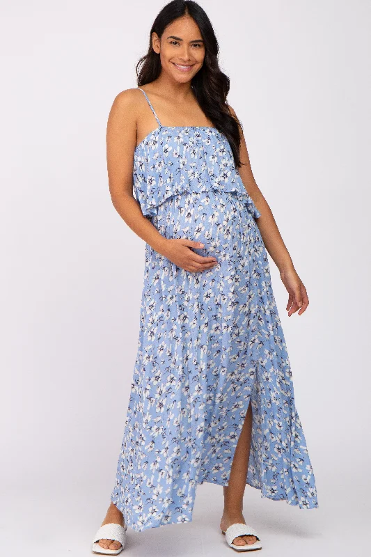 ladies-maxi-dress-cap-sleeve-cool-Light Blue Floral Flounce Maternity Maxi Dress