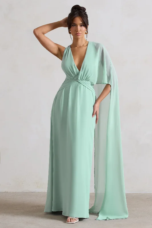 ladies-maxi-dress-asymmetric-awe-Fairytale | Sage Plunge-Neck Chiffon Maxi Dress With Cape Sleeve