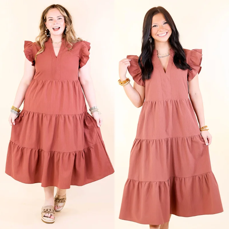 ladies-midi-dress-fringe-flair-Magnolia Morning Ruffle Cap Sleeve Tiered Midi Dress in Cinnamon (Rust/Clay/Brown)