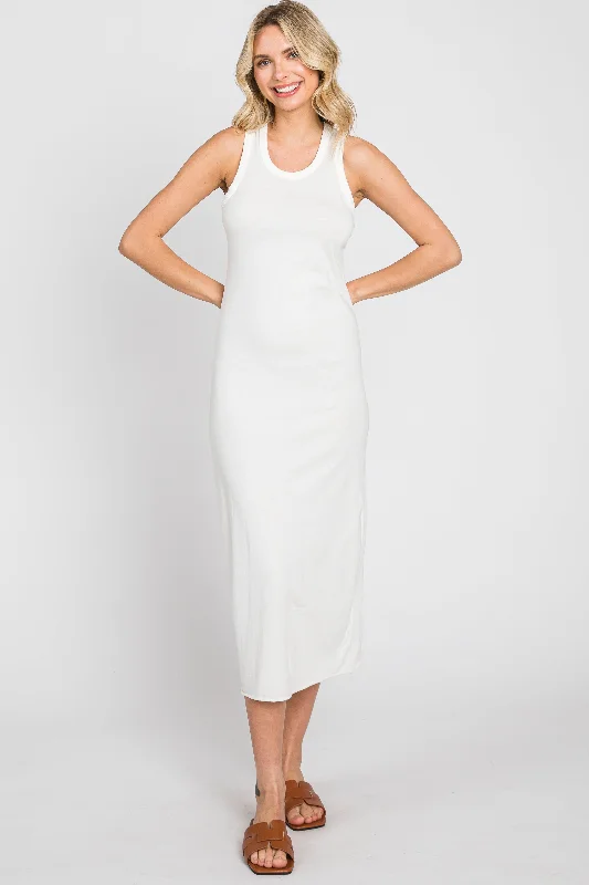 ladies-midi-dress-designer-drape-White Racerback Fitted Midi Dress