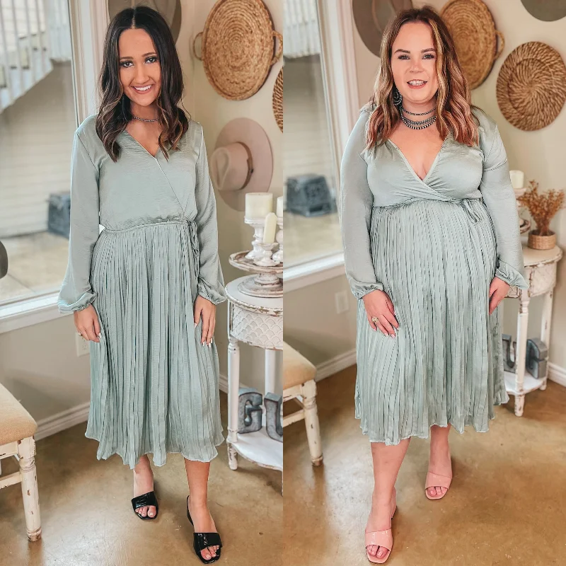 ladies-midi-dress-fringe-flair-Last Chance Size Medium | Bakersfield Brunch Long Sleeve Midi Dress with Pleated Skirt in Sage Green | ONLY 1 LEFT!