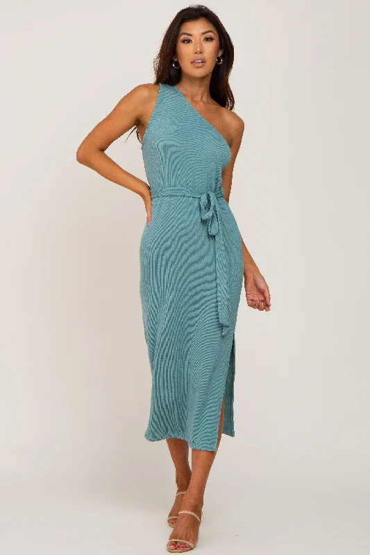 ladies-midi-dress-lavender-luxe-Green Ribbed One Shoulder Side Slit Midi Dress