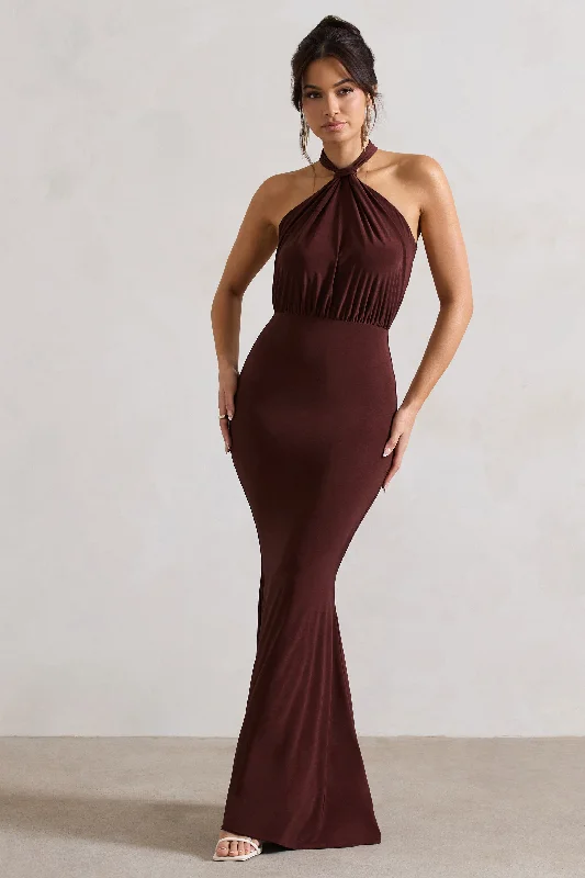 ladies-maxi-dress-pearl-poise-Vanessa | Chocolate Brown Knot Halter-Neck Maxi Dress