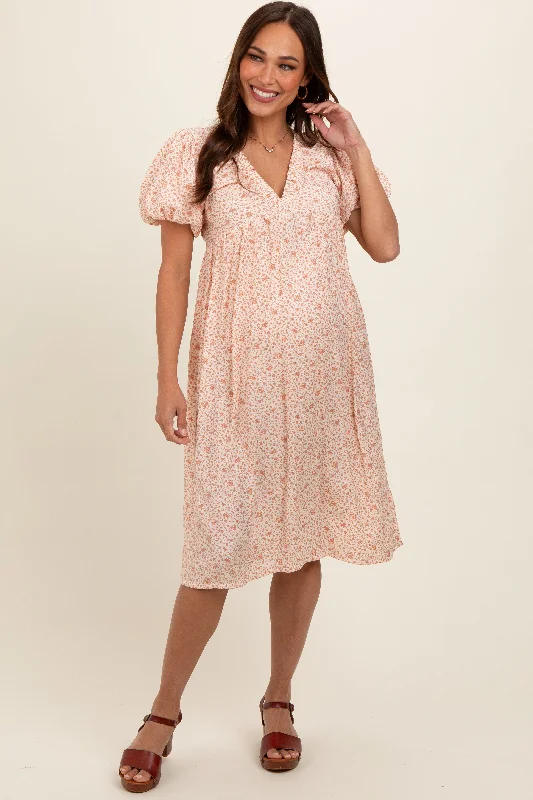 ladies-midi-dress-cap-sleeve-calm-Peach Floral Puff Sleeve Maternity Midi Dress