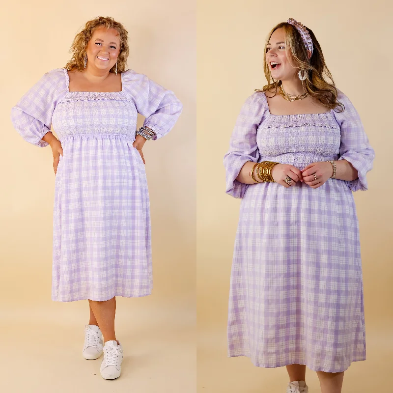 ladies-midi-dress-date-night-dream-Adorable Impression Plaid Midi Dress with Smocked Bodice in Lavender Purple