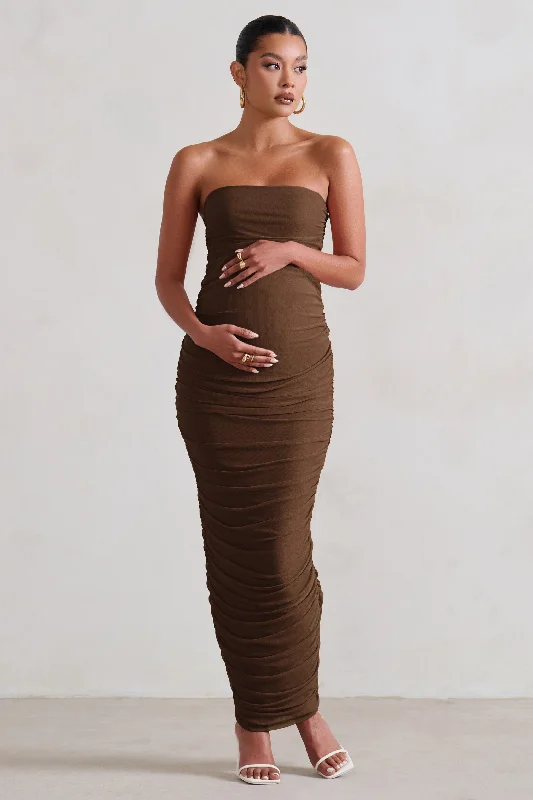 Women's bodycon dress bit flair -My Lady | Maternity Chocolate Brown Strapless Bodycon Ruched Mesh Maxi Dress