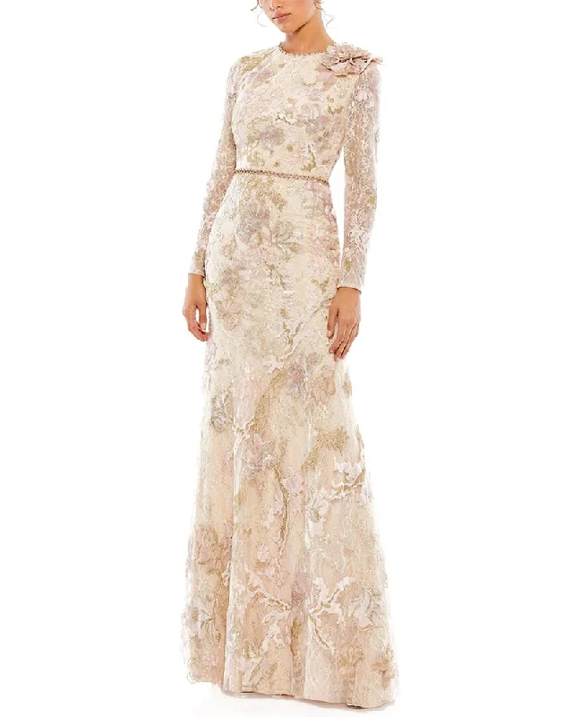 ladies-floral-dress-low-cut-lush-Mac Duggal Floral Embroidered Lace Trumpet Gown