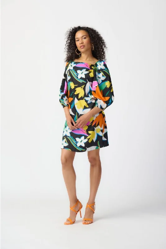 ladies-floral-dress-draped-dawn-Joseph Ribkoff Black/Multi Floral Print Puff Sleeve Satin Shift Dress 241251