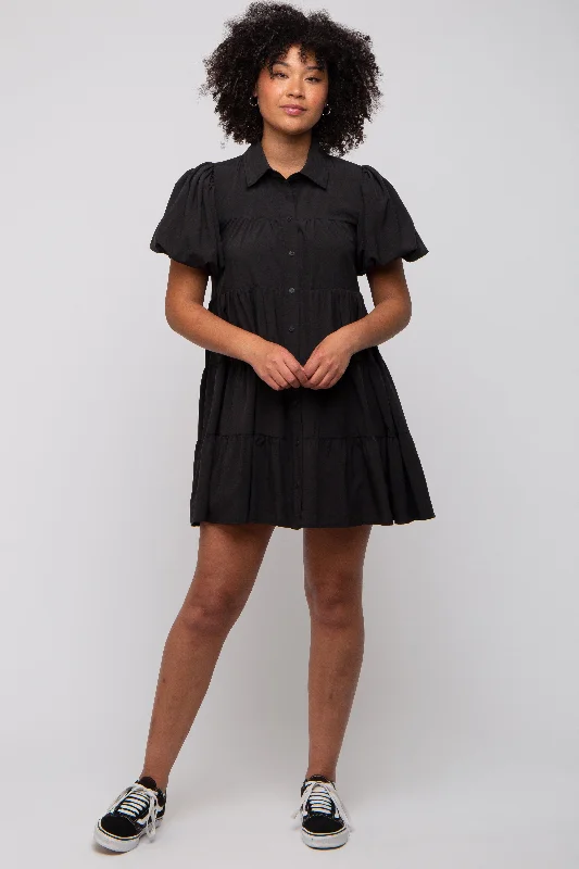 Women's mini dress coy flair -Black Puff Sleeve Mini Shirt Dress