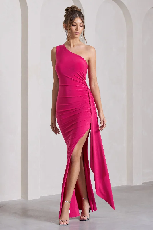 ladies-maxi-dress-cobalt-calm-Rewind | Hot Pink One Shoulder Sleeveless Split Maxi Dress With Drape