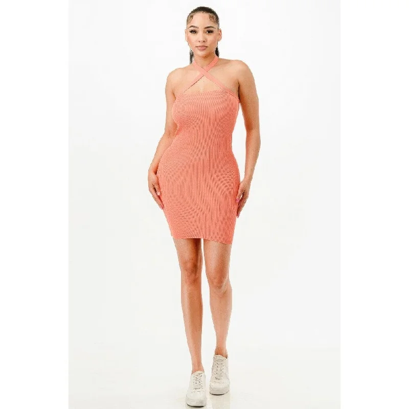 Women's bodycon dress sew chic -Sleeveless Peach Halter Neck Bodycon Dress