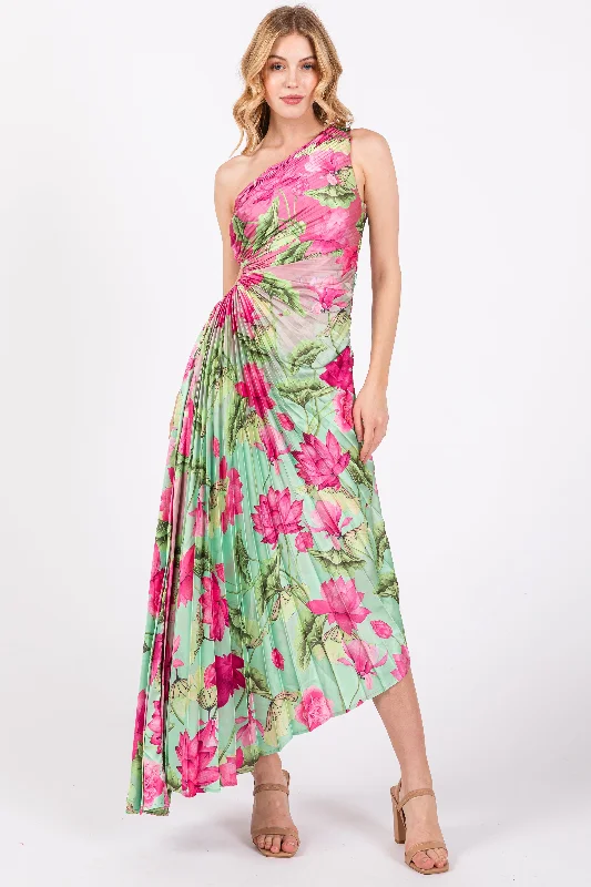 ladies-floral-dress-asymmetric-awe-Pink Floral Pleated One Shoulder Cutout Dress