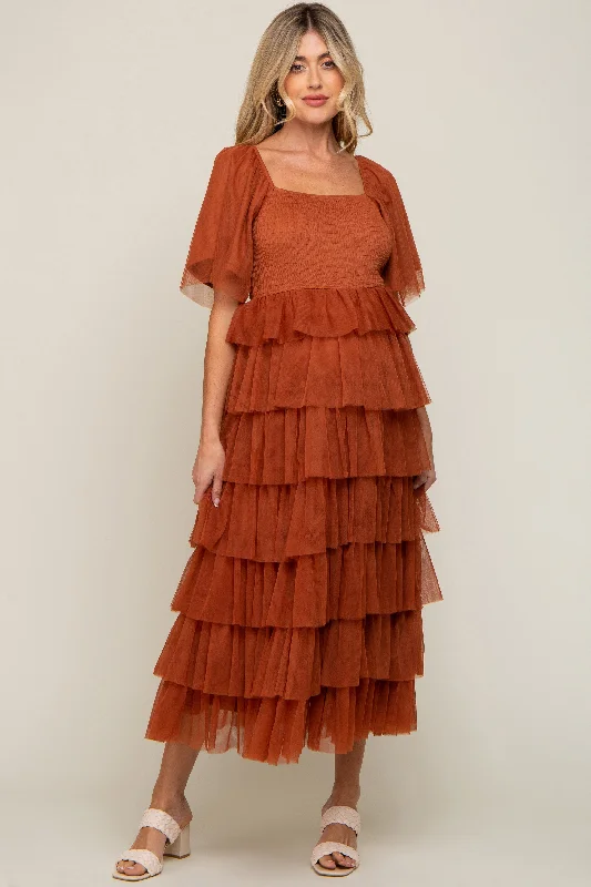 ladies-midi-dress-puff-sleeve-pride-Camel Tulle Smocked Square Neck Tiered Maternity Midi Dress