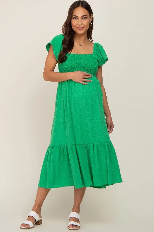 ladies-midi-dress-trendy-twirl-Green Smocked Ruffle Hem Maternity Midi Dress