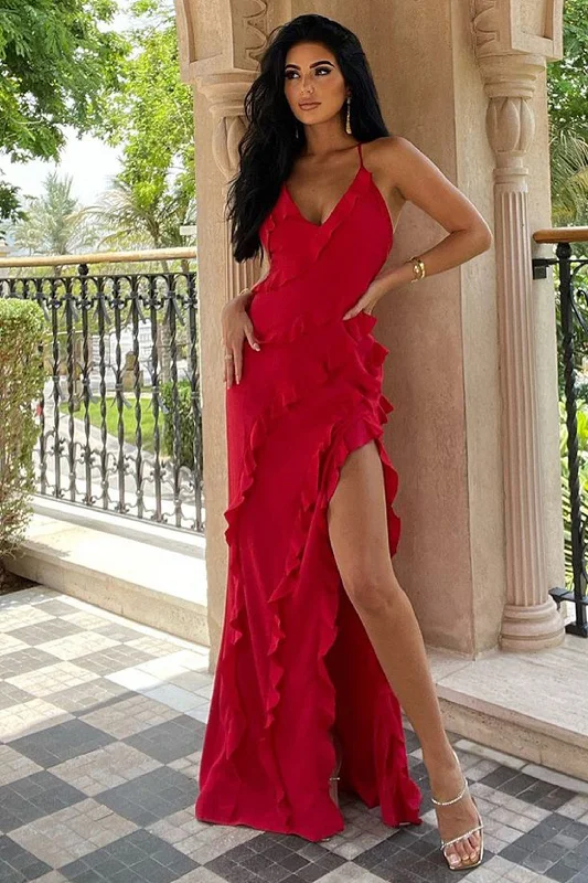 ladies-maxi-dress-tie-front-tide-Run The World | Red Plunge Neckline Ruffle Maxi Dress