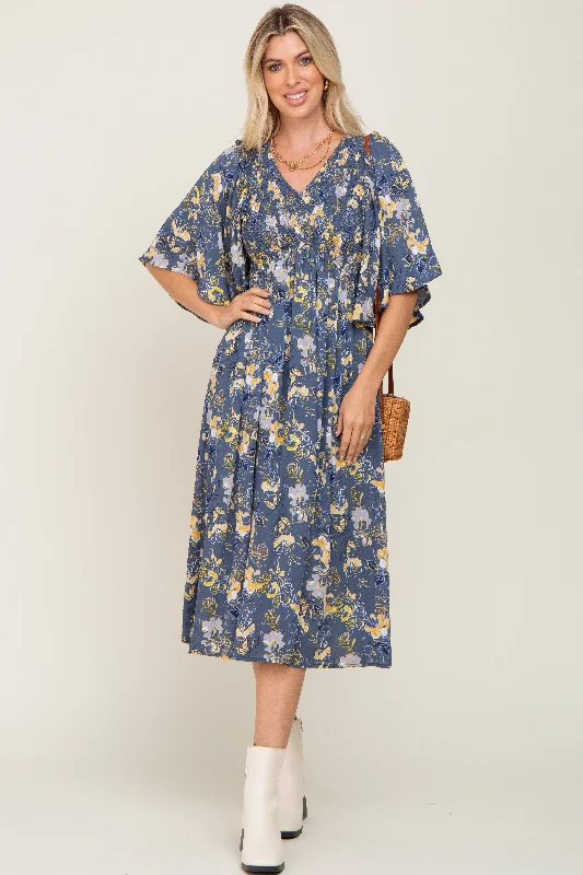 ladies-midi-dress-delicate-drift-Blue Floral Smocked Flowy Half Sleeve Midi Dress