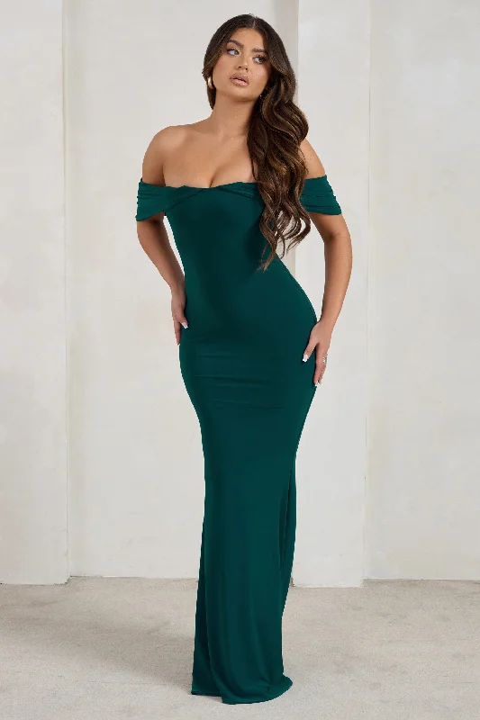 ladies-maxi-dress-luxe-lush-Gabrielle | Green Bardot Neckline With Drape Sleeves Maxi Dress