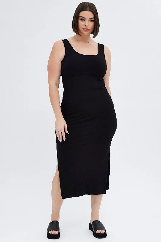 Women's bodycon dress gloss flair -Black Bodycon Dress Rib Jersey Sleeveless Midi