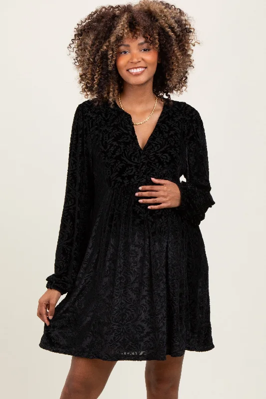 Women's mini dress loop flair -Black Velvet Damask Print Long Sleeve Maternity Mini Dress