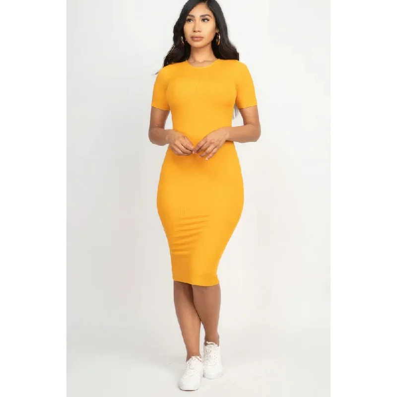 Women's bodycon dress ease pop -Ribbed Bodycon Midi Dress with Short Sleeves Perfect for Various Occasion