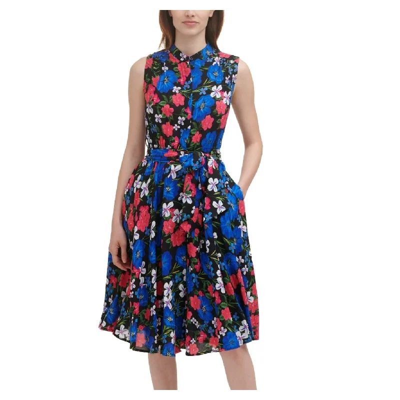 Women's party dress dazzling glow -Calvin Klein Women's Tie Pocketed Floral Sleeveless Collared Knee Length Party Fit Flare Dress Blue Size 16