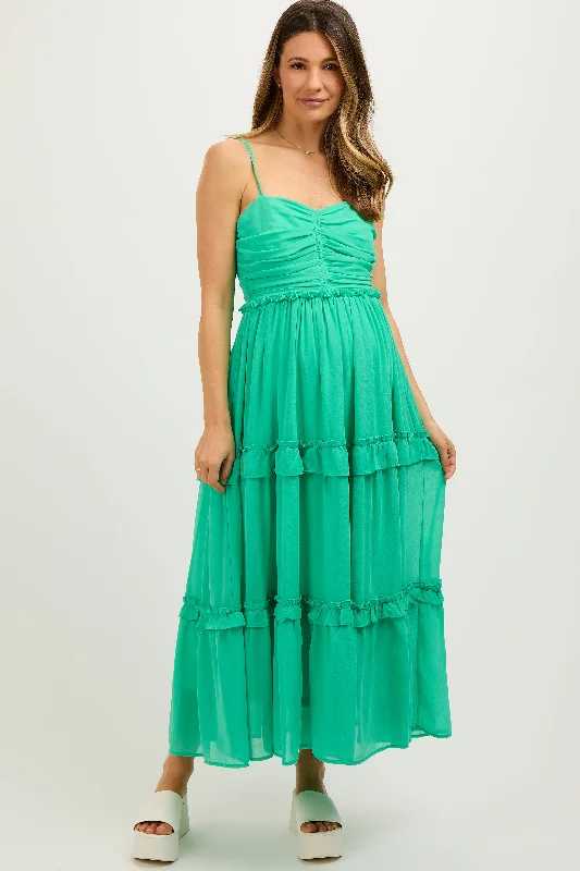 ladies-midi-dress-flattering-flow-Green Sleeveless Pleated Ruffle Tiered Maternity Midi Dress