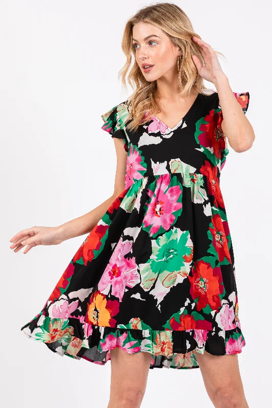 ladies-floral-dress-rose-rush-Black Floral Ruffle Shoulder Dress