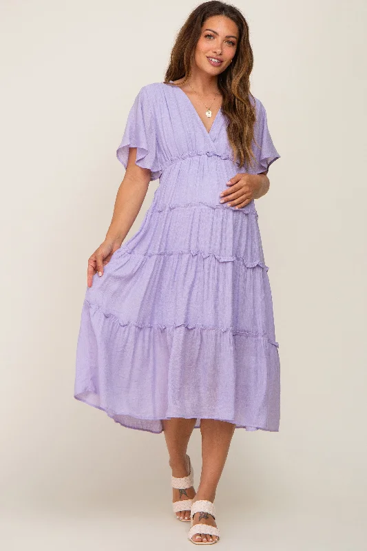 ladies-midi-dress-viral-vibe-Lavender Ruffle Tiered V-Neck Maternity Midi Dress