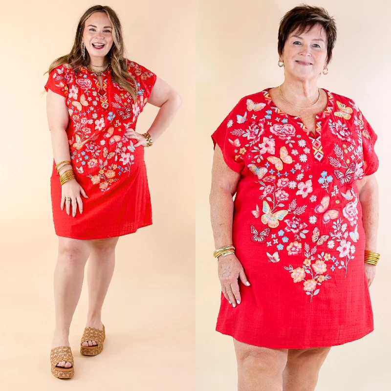 ladies-floral-dress-draped-dawn-Lovely Feeling Floral Embroidered Dress with a Notched Neckline in Red